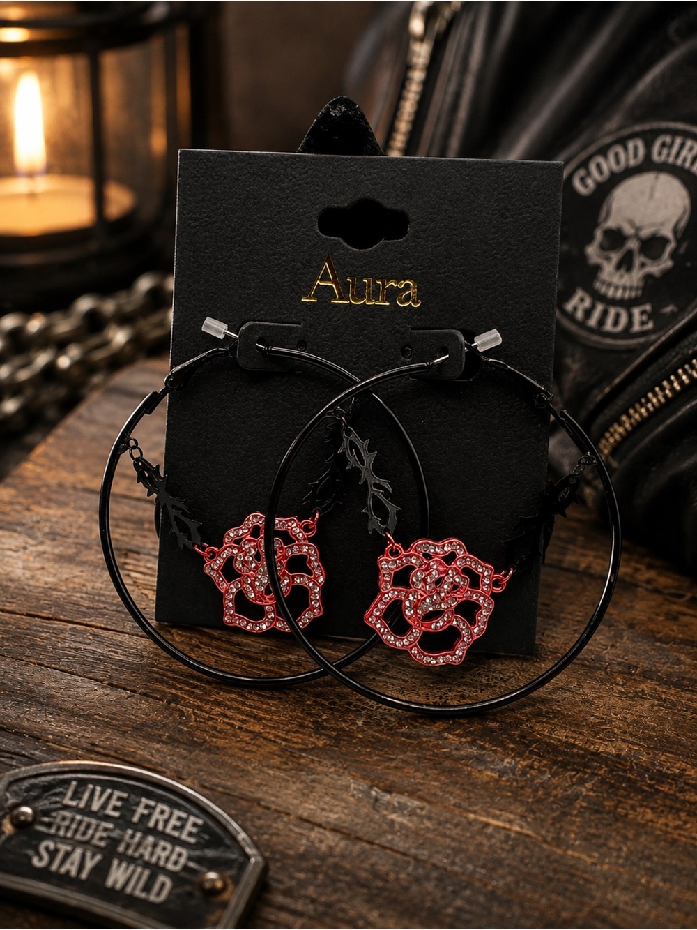 Aura Oversized Black Hoop & Red Rhinestone Rose Earrings (BR1010/3) - Picture 3 of 6